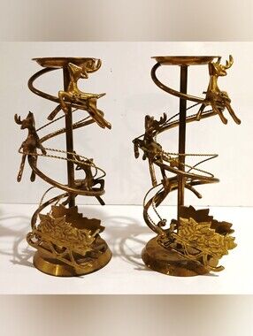 Vintafe Brass Reindeer Pillar Candle Holders  (Pair)
